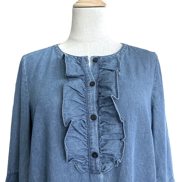 Draper James Chambray Ruffled Denim 100% Cotton Shift Dress Size Six - Picture 3 of 10